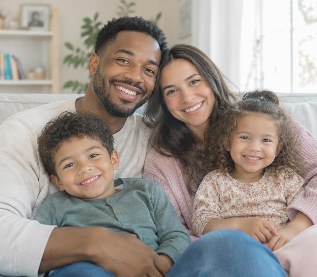 Smiling family of four sitting together on a couch